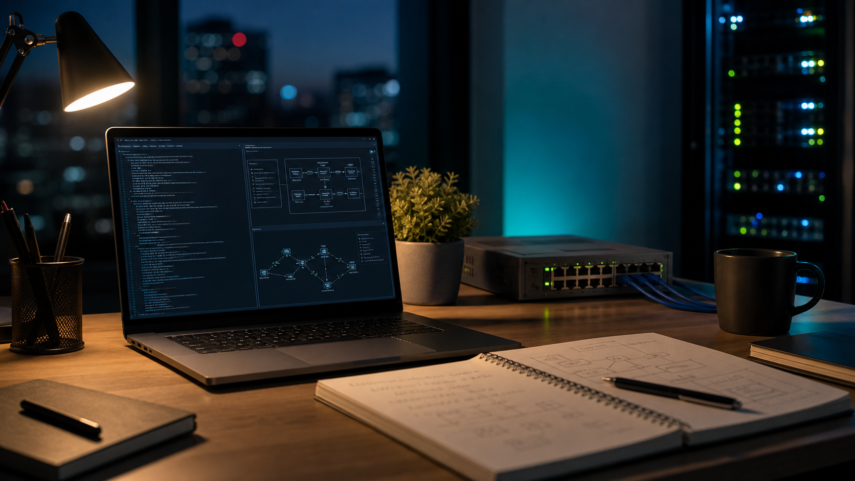 Engineering workstation with infrastructure notes and terminal windows